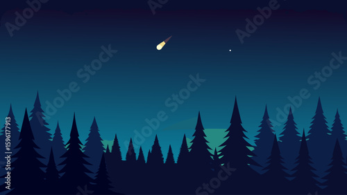 silhouetted pine forest meteor streaking