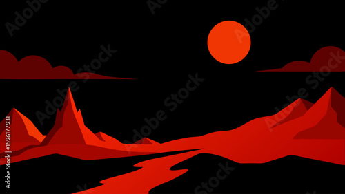 stark volcanic terrain blacks reds glowing