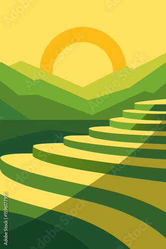stylized rice terraces golden hour sun