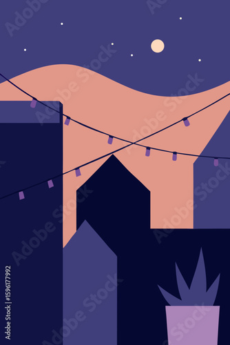stylized rooftops string lights potted plants