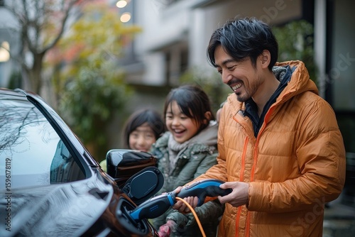 Happy father holding the power supply cable while charging the familys electric car, with the rest of the family preparing for their holiday trip, Generative AI