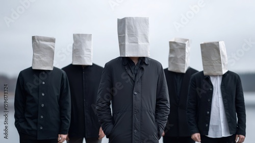 Group of people wearing paper bags on heads standing together