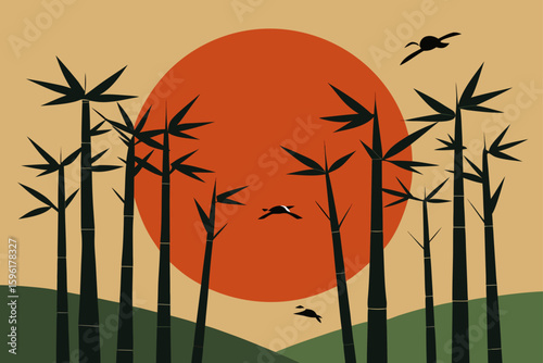 ink brushed bamboo grove under rising sun two birds