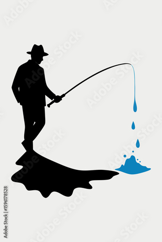 silhouette of fisherman in hat casting line on flat