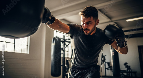 Focused man in boxing gloves delivers a powerful punch to a heavy bag in a gym.