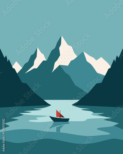 small boat gliding through mountain lake distant