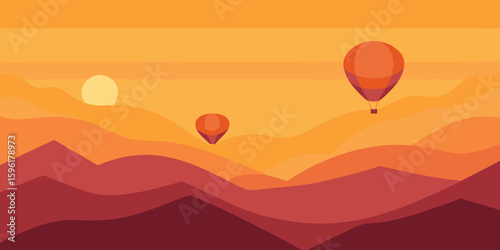 hot air balloons floating over layered hills gold