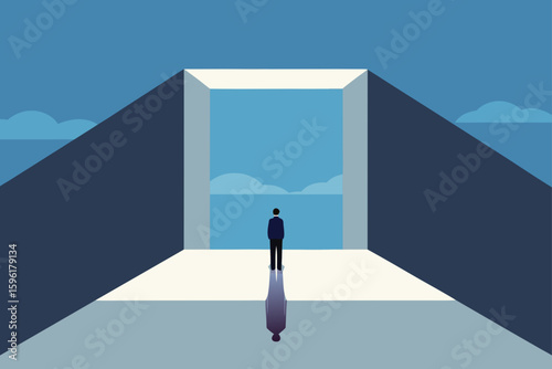 person standing at edge of mirrored void sky reflection
