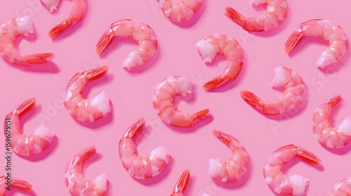 Cooked shrimps forming a pattern on pink background