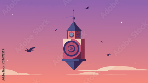 surreal floating clock tower in pink twilight sky