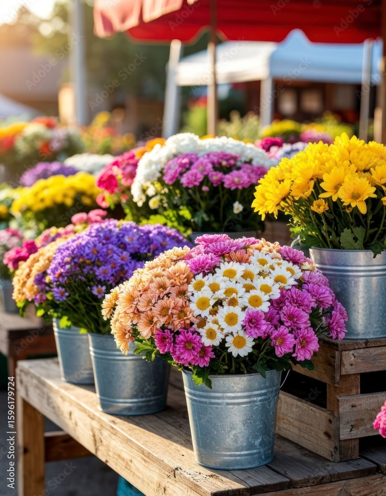 Fototapeta premium Flower Bouquets on Farmers Market Table