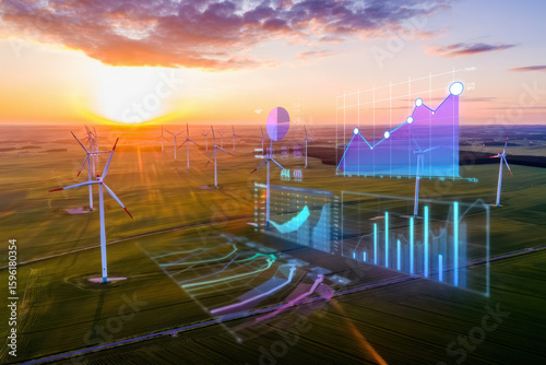 Wind turbines at sunset with data visualization overlay showing energy production and efficiency metrics