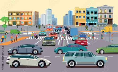 
Stadtsilhouette einer  Stadt mit Menschen und Autos im Verkehrsstau, Illustration
