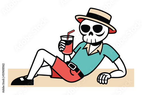 Cartoon Skull Lounging with Drink Illustration of Death enjoying Vacation Time