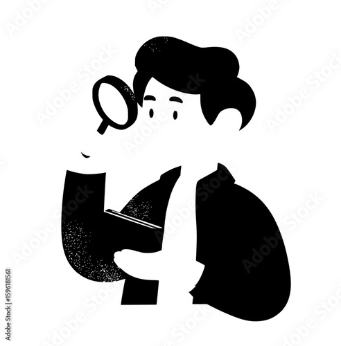 Flat vector illustration of a man with a magnifying glass searching for money in a wallet, in a green color scheme, with a happy and smiling expression, showcasing minimalism, high resolution
