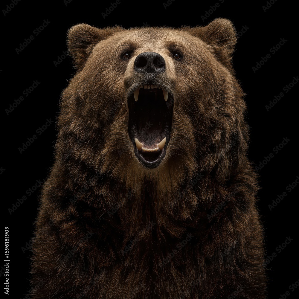 Fototapeta premium A roaring brown bear shows its teeth against a black background, displaying power and intensity
