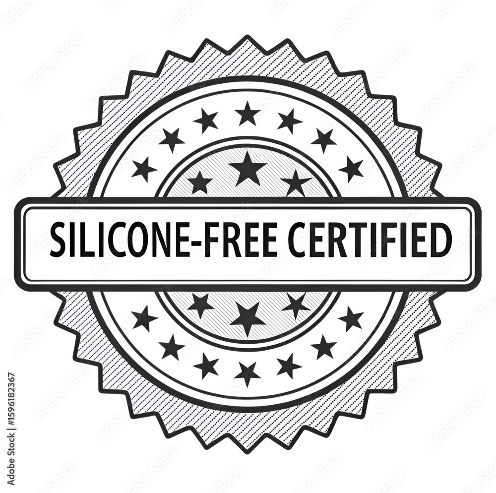 Obraz premium Black and white graphic illustration of a silicone-free certified badge, featuring a starburst design and bold text, conveying trustworthiness and product purity.