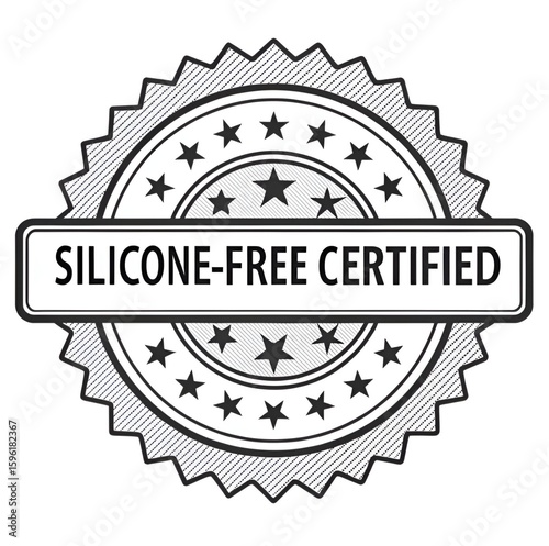 Black and white graphic illustration of a silicone-free certified badge, featuring a starburst design and bold text, conveying trustworthiness and product purity.