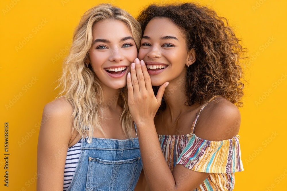 Two young women in stylish summer outfits stand side by side, one whispering something into the other's ear against an isolated yellow background. Two young women in stylish summer outfits stand side by side, one whispering something into the other's ear against an isolated yellow background.