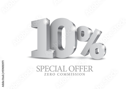 10% percent number in grey color. Ten number in silver 3d. Poster template for discount, sale discount, work progress. Vector illustration