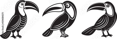 Stylized black and white illustration of a toucan bird with a large beak