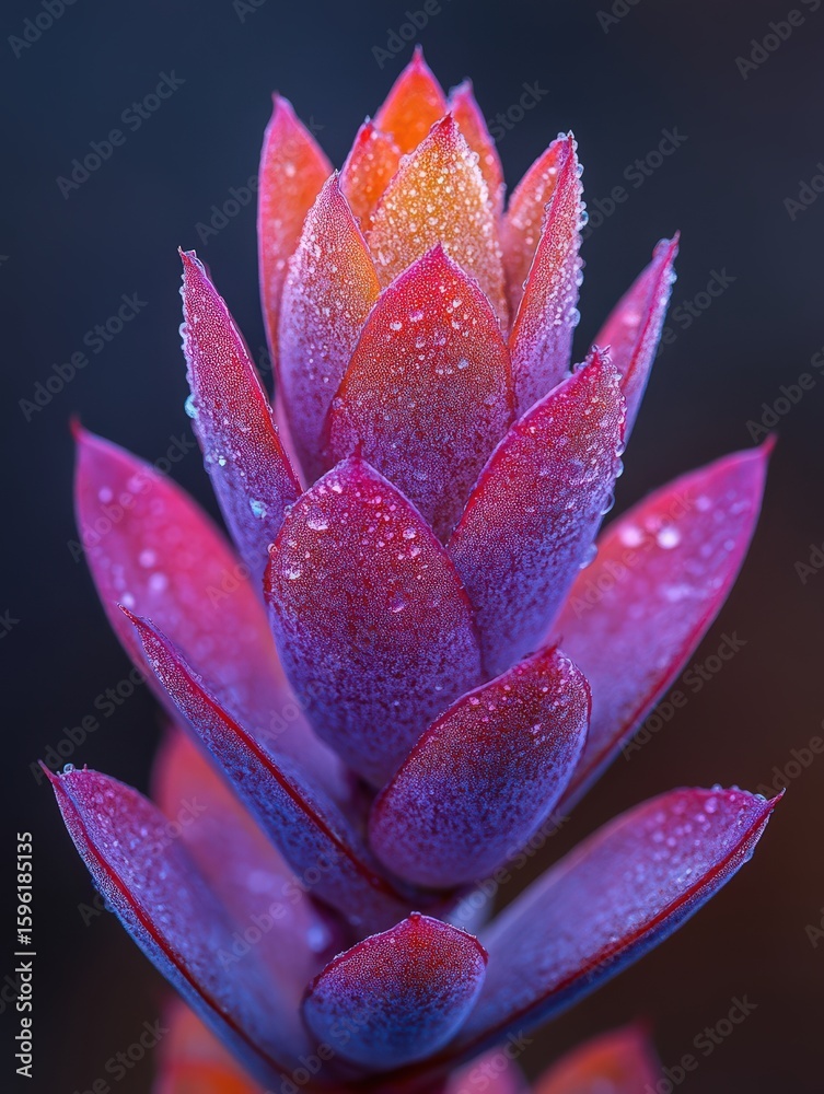 Fototapeta premium A mesmerizing close up captures the vivid hues of an exotic plant with purple and red leaves shimmering with droplets growing amidst the tranquil sand dunes overlooking St Ives Bay in the Highlands
