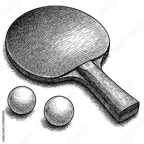 hand-drawn illustration of ping pong paddle and ball in black and white