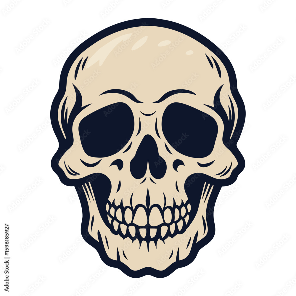 Fototapeta premium Illustrated Skull with Dark Outline and Cream Coloring, HeadOn, Isolated on White