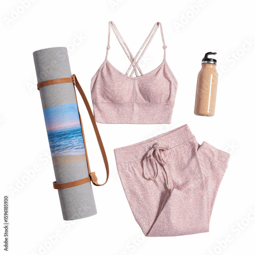 Yoga Outfit Flat Lay Pink Sports Bra, Leggings,
