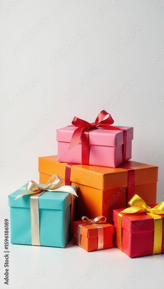 Fototapeta premium Pile of vibrant wrapped presents, white backdrop, retail, background