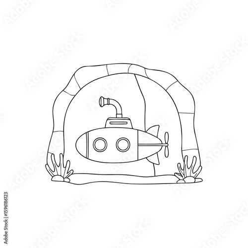 Submarine exploring inside an underwater cave