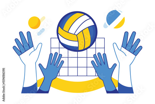 Illustration of Volleyball Game with Hands, Net, and Ball on White Background