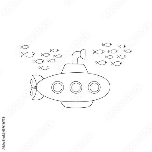 Submarine traveling with a school of fish