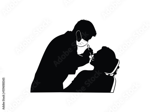 silhouette of dentist examining patient isolated on white background