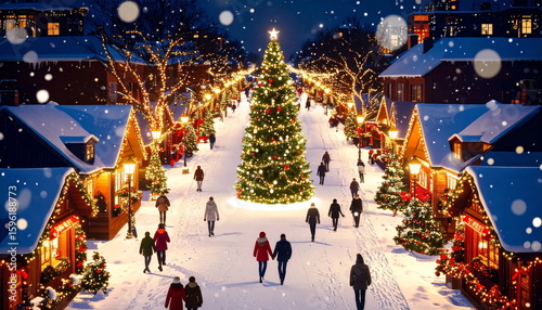 Aerial View Illustration of European City with Christmas Lights and Decorations on Snowy Night.