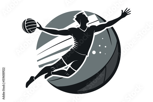 Silhouette of a Volleyball Player Jumping in Front of Gray Circle Design