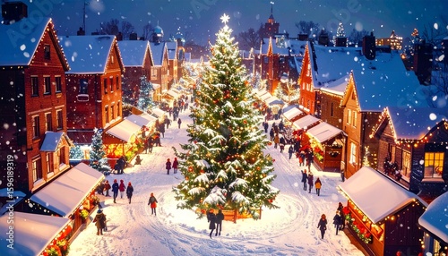Aerial View Illustration of European City with Christmas Lights and Decorations on Snowy Night.