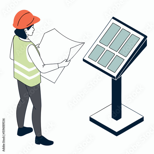 Isometric solar panel installation plan review by engineer wearing safety vest and hard hat on site view