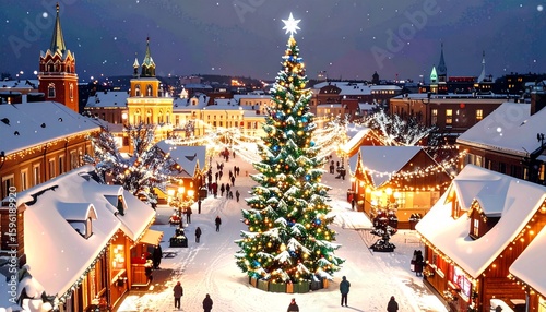 Aerial View Illustration of European City with Christmas Lights and Decorations on Snowy Night.