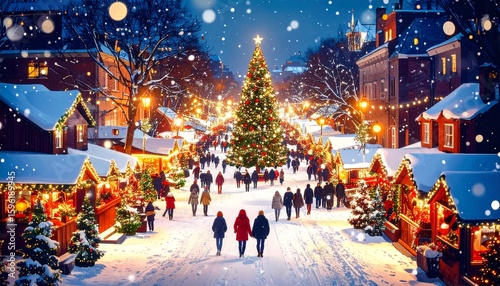 Aerial View Illustration of European City with Christmas Lights and Decorations on Snowy Night.