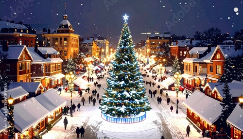 Aerial View Illustration of European City with Christmas Lights and Decorations on Snowy Night.