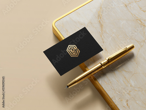 Black business card with gold logo and pen marble