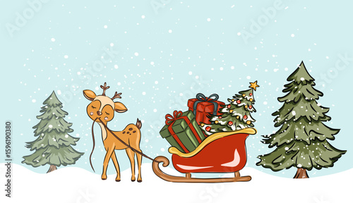 Christmas reindeer pulling sleigh with gifts and tree in snowy winter forest. Vector illustration