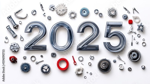 Mechanical precision: 2025 new year assembled with intricate metal components