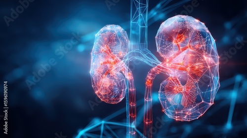 Digital illustration of human kidneys with glowing neural networks, representing advanced medical technology and kidney health diagnostics