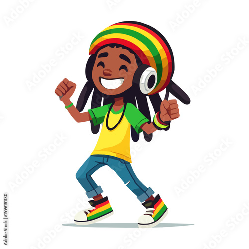 Dancing Rasta Character with Headphones Cartoon Illustration