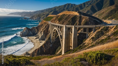 The Bixby Creek Bridge with it's famous back drop of the Pacific Ocean along California's dramatic Big Sur coast.