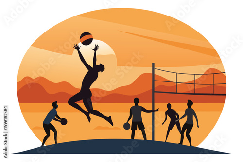 Sunset Beach Volleyball Game with Players Silhouetted Against a Warm Orange Sky