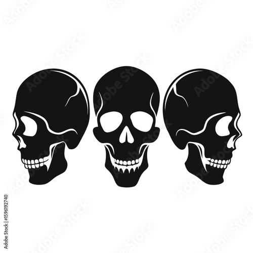 Three Black Skull Illustrations Front and Side Views on White Background
