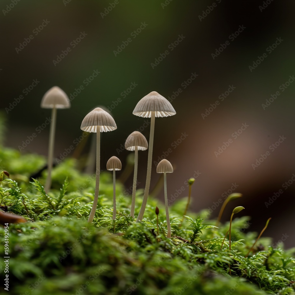 Enchanting Macro: Tiny Mushrooms Sprout from Mossy Rainforest Floor. 8k. Enchanting Macro: Tiny Mushrooms Sprout from Mossy Rainforest Floor. 8k.